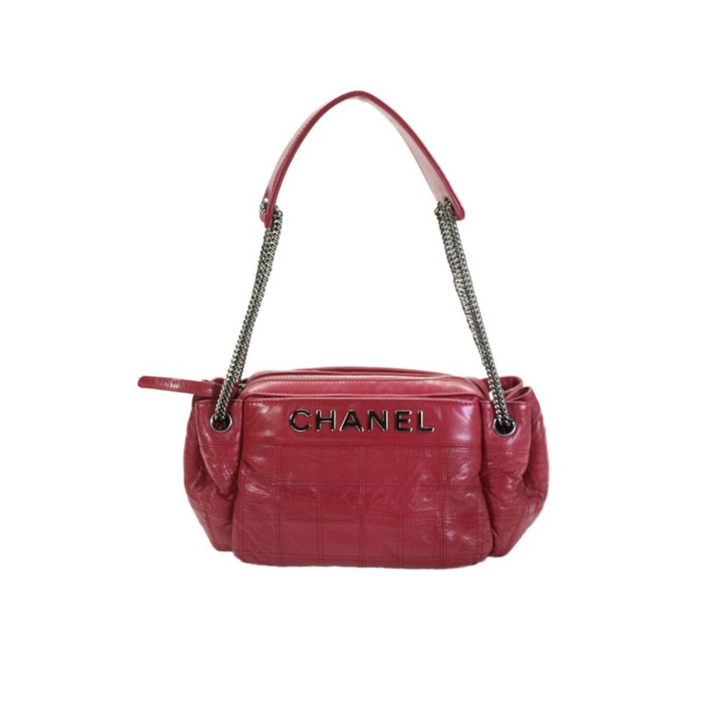 Chanel Womens LAX Accordion Leather Zip Shoulder Handbag Red
